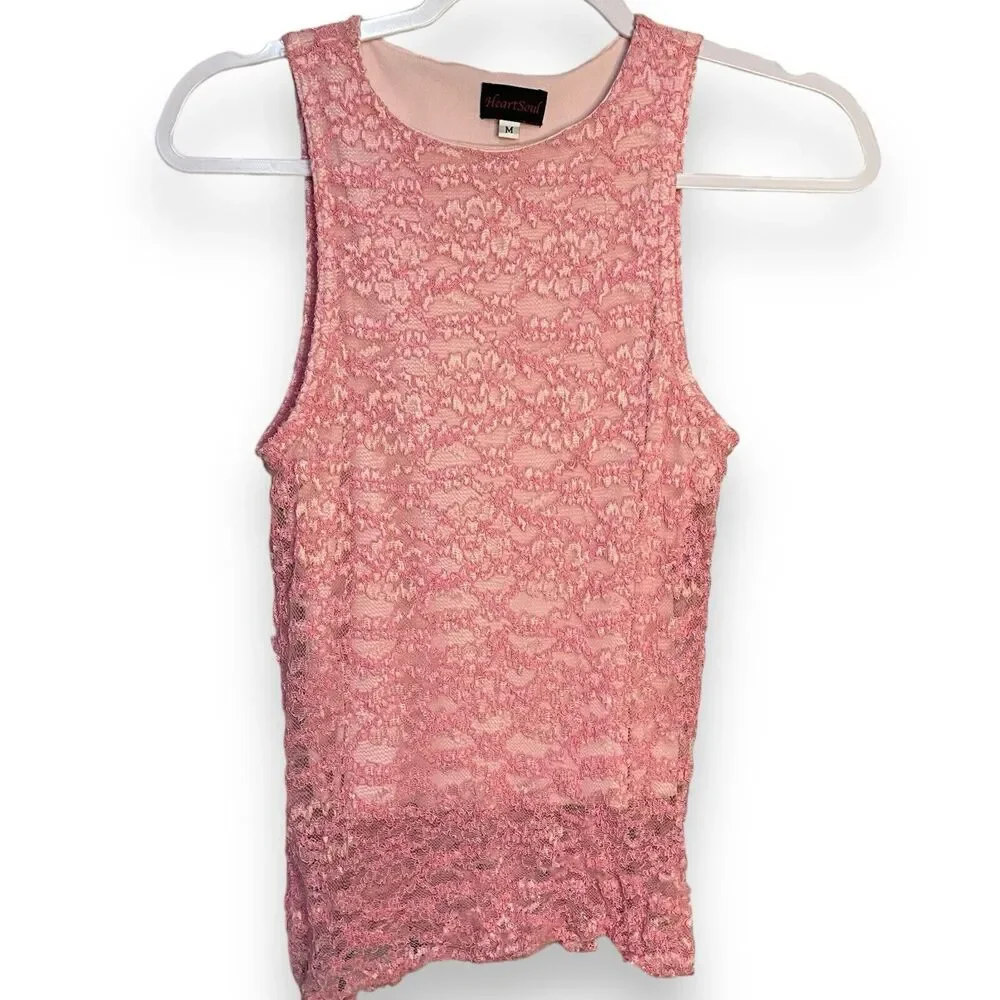 HeartSoul Tank Top Women's Medium Pink Floral Lace VTG Casual Lined Barbiecore